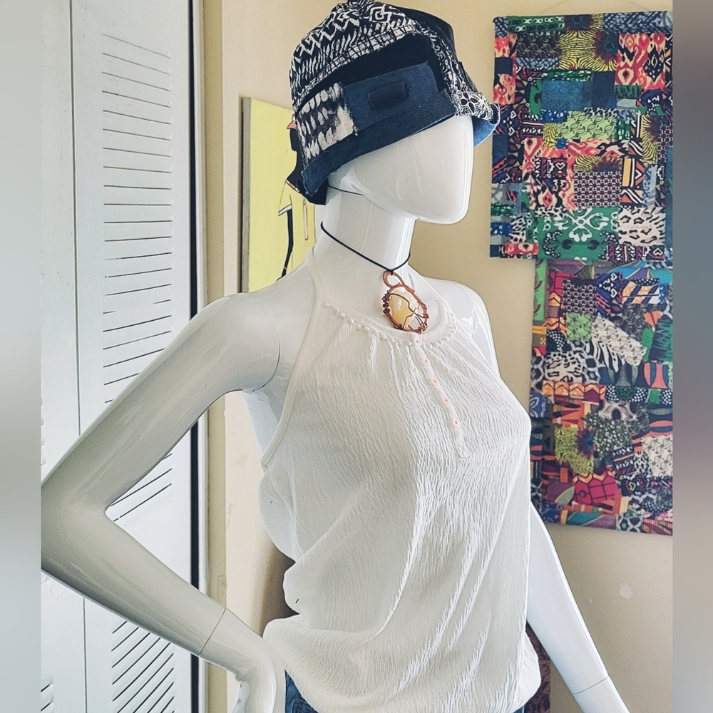 Patchwork freyed Black white denim jean hat Handmade small fit